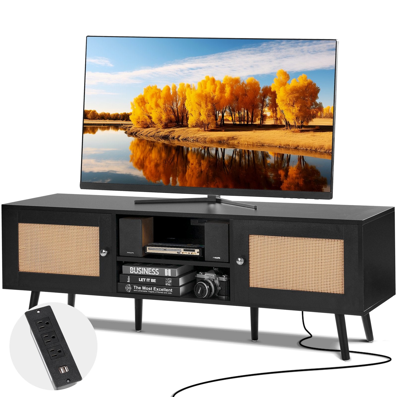 Rattan TV Stand For 65 Inch TV, Boho TV Stand With Rattan Door,