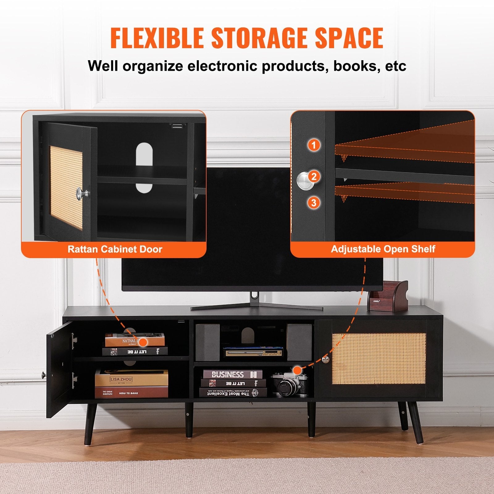 Rattan TV Stand For 65 Inch TV, Boho TV Stand With Rattan Door,